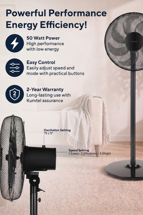 Kumtel KTF-760 Ventilador de 50W con 7 Aspas y Altura Ajustable